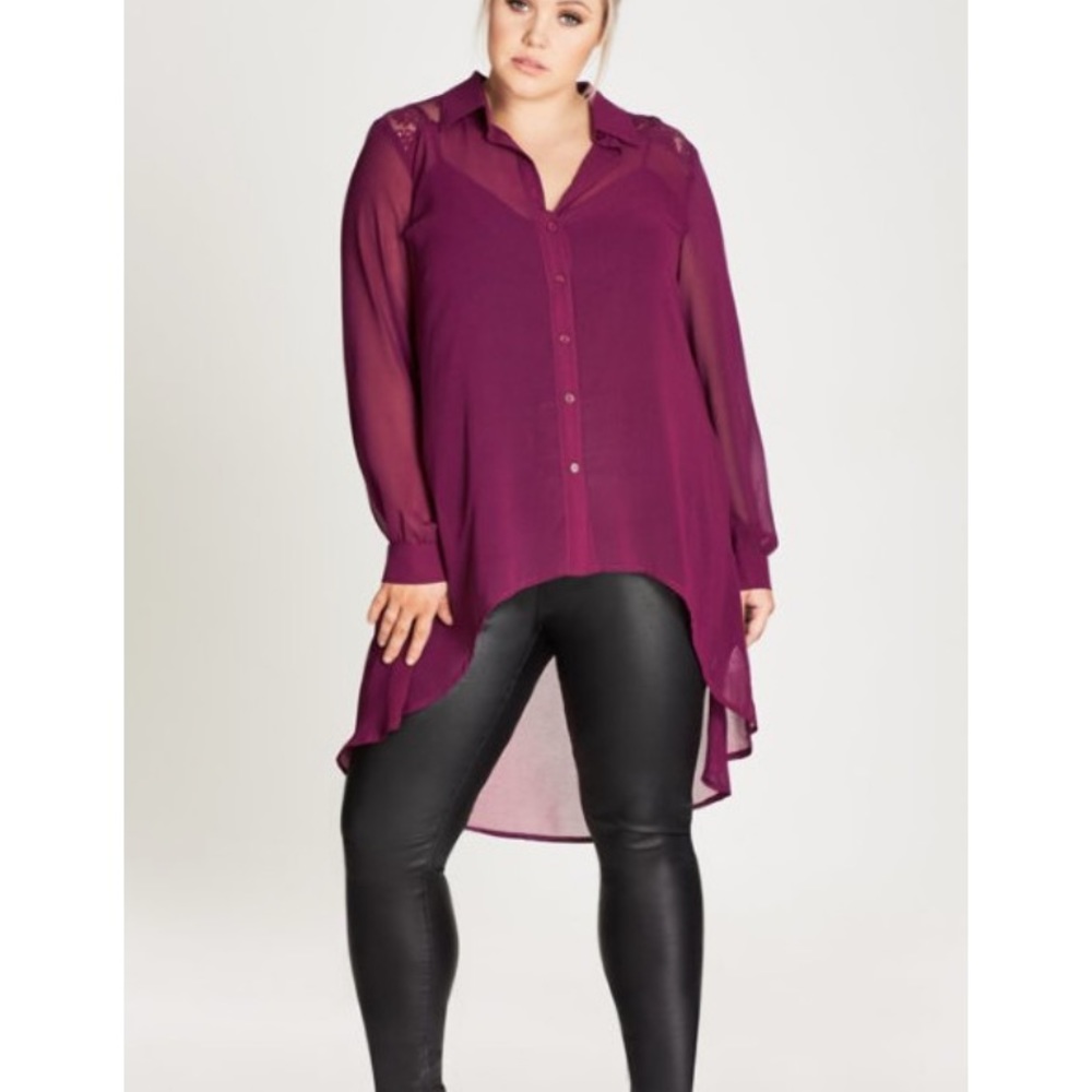 City Chic Flutter Lace Shirt - mulberry